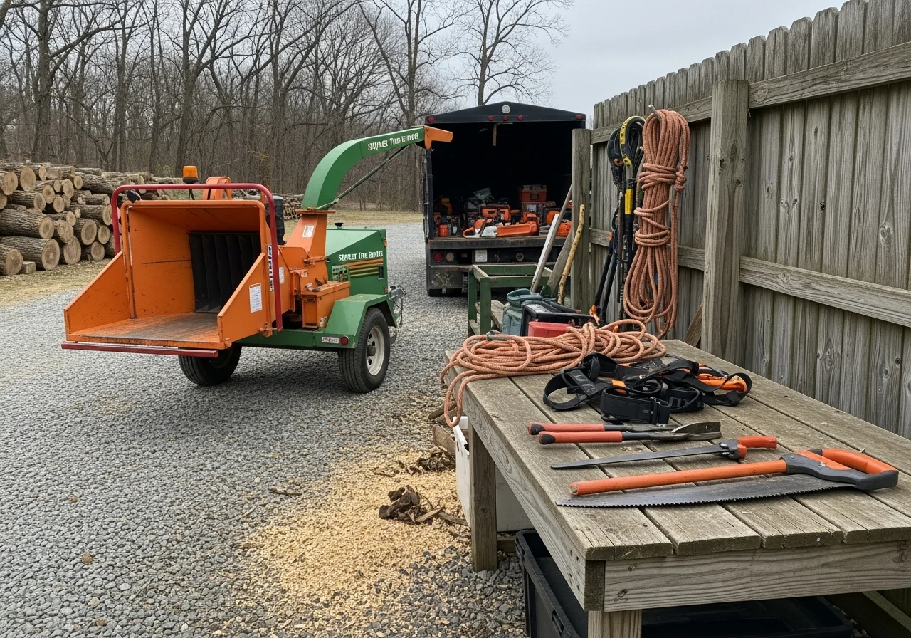 Tree service crew equipment and tools staged for professional tree removal and trimming work.