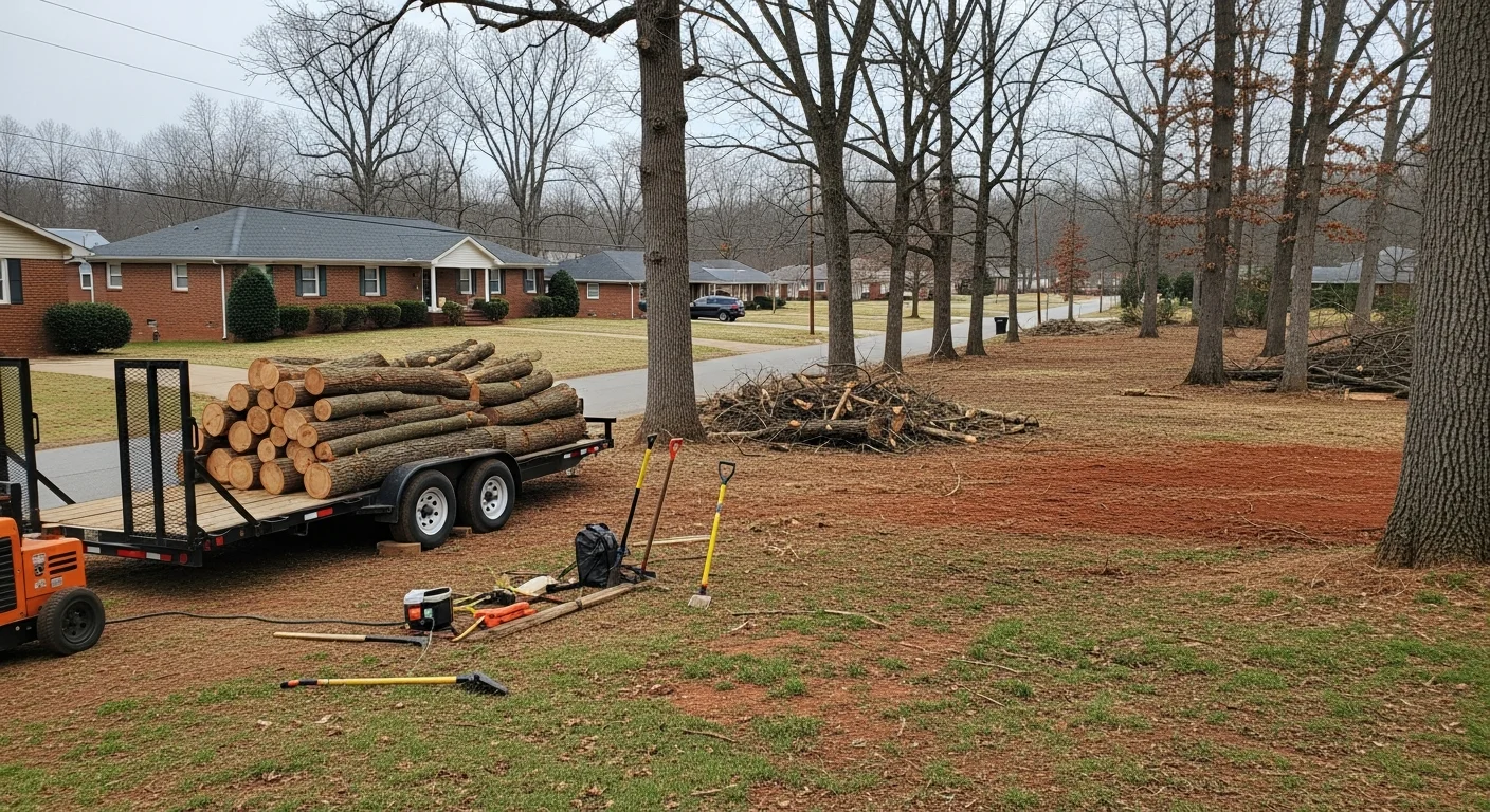 Debris removal crew clearing storm damage from a residential yard