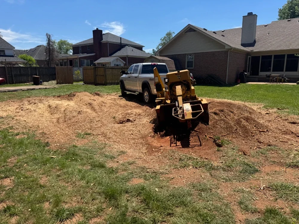 Tracked excavator clearing and grading residential backyard lot with brick homes visible