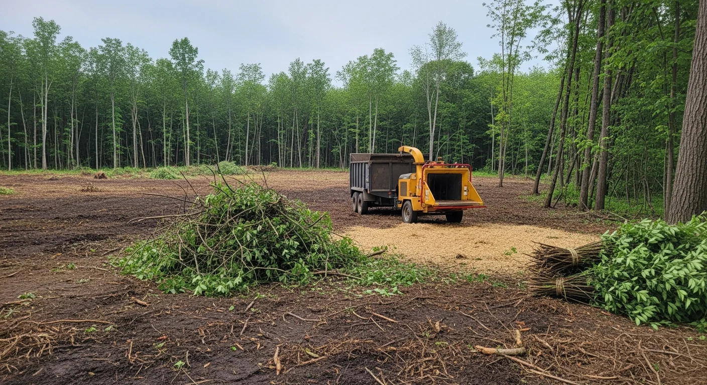 A Warren County, KY residential property after professional brush removal, showing cleared ground with cut stumps and open space where dense overgrowth once stood. A Shipley Tree Service crew works along a wooded property line in Bowling Green, chipping and removing tangled shrubs and invasive vegetation.