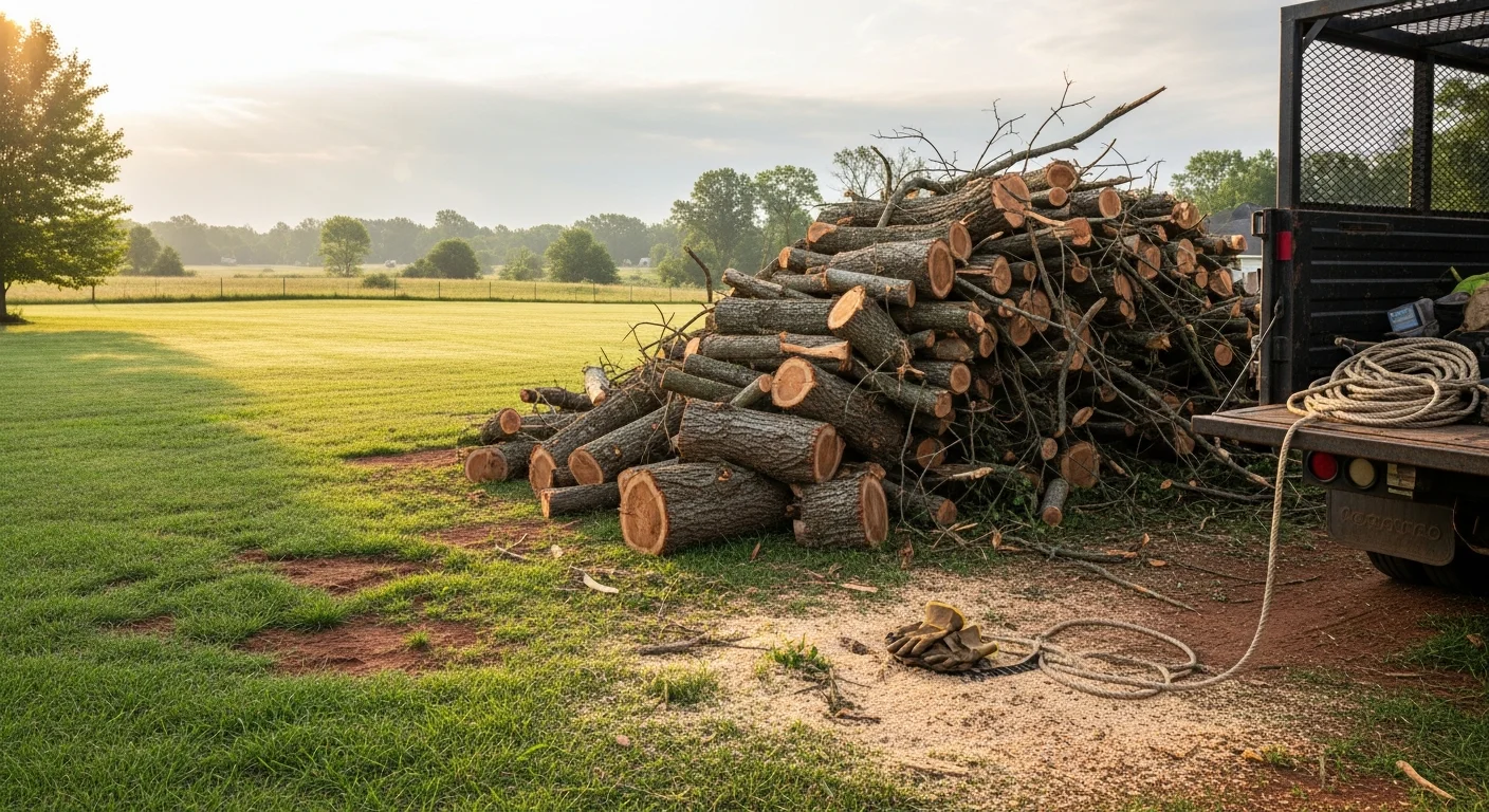 A cleared residential backyard in Bowling Green, KY showing a clean lawn after tree debris hauling, with no remaining branches, brush piles, or wood chunks on the ground. A truck and trailer from Shipley Tree Service are visible near the property edge after completing the haul.