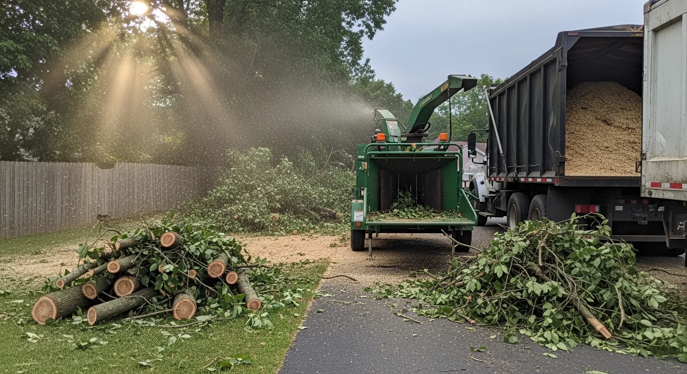 A Warren County, KY residential yard after storm cleanup, showing a cleared driveway and removed fallen tree debris. Shipley Tree Service emergency debris removal work completed on a Bowling Green area property.