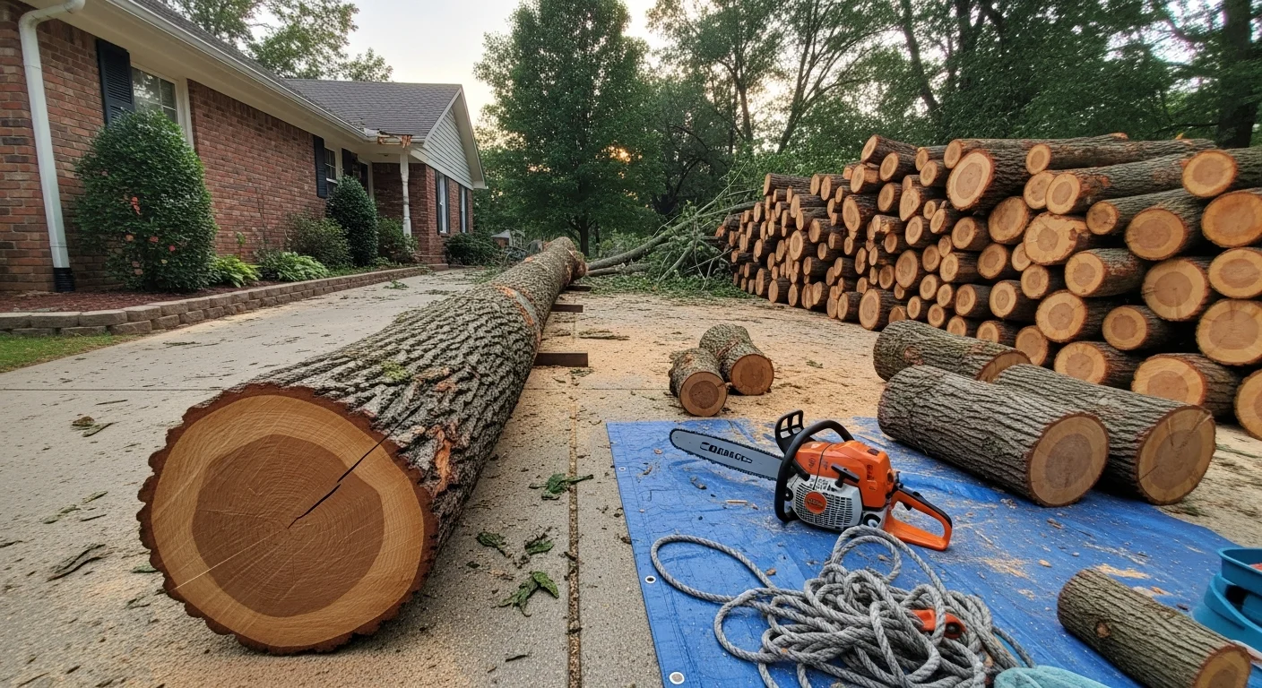 A large storm-damaged tree removed from the roof of a residential home in Bowling Green, Kentucky, with cut sections stacked in the yard and the structure exposed but cleared of debris. A Shipley Tree Service crew works on-site in Warren County following severe weather.