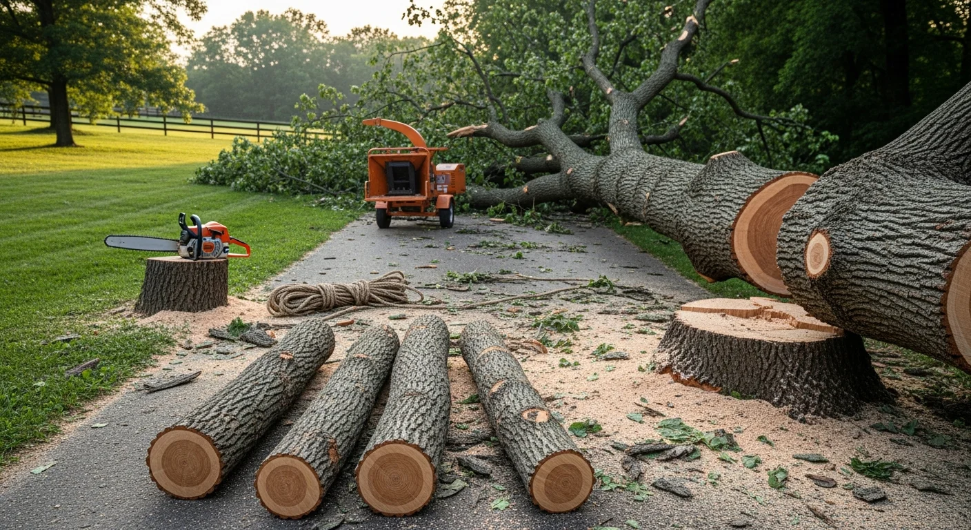 A large fallen tree lying across a residential yard in Bowling Green, Kentucky, with visible trunk sectioning in progress and cleared debris stacked nearby. A Shipley Tree Service crew works around the base of the tree, with a Warren County home visible in the background.