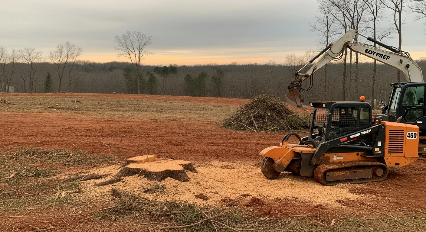 A freshly cleared residential lot in Bowling Green, Kentucky with stumps ground down, brush removed, and bare soil exposed and ready for construction. Warren County tree line visible at the rear of the property.