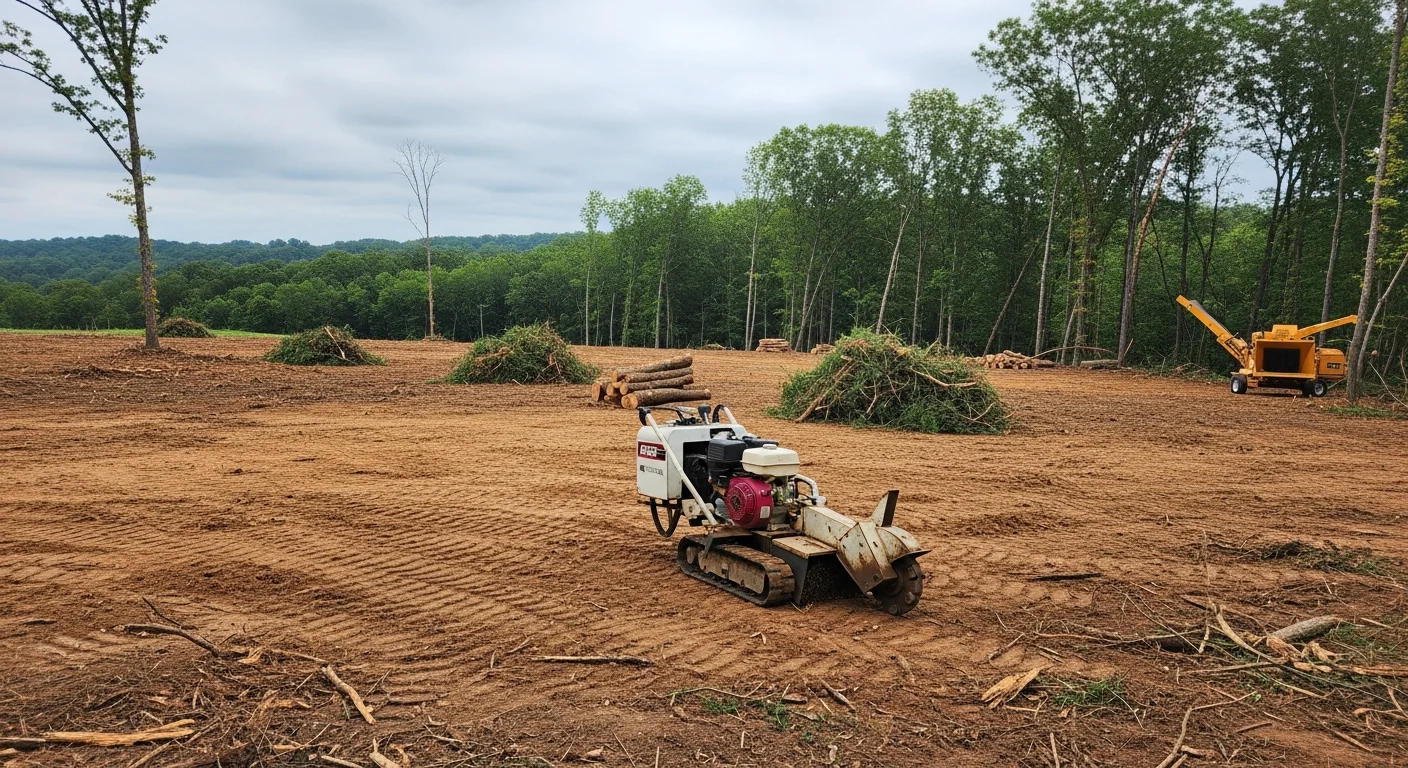 A cleared residential lot in Bowling Green, KY with trees, stumps, and brush fully removed, leaving open ground ready for construction or landscaping. Warren County hardwood debris is stacked at the lot edge awaiting hauling by the Shipley Tree Service crew.