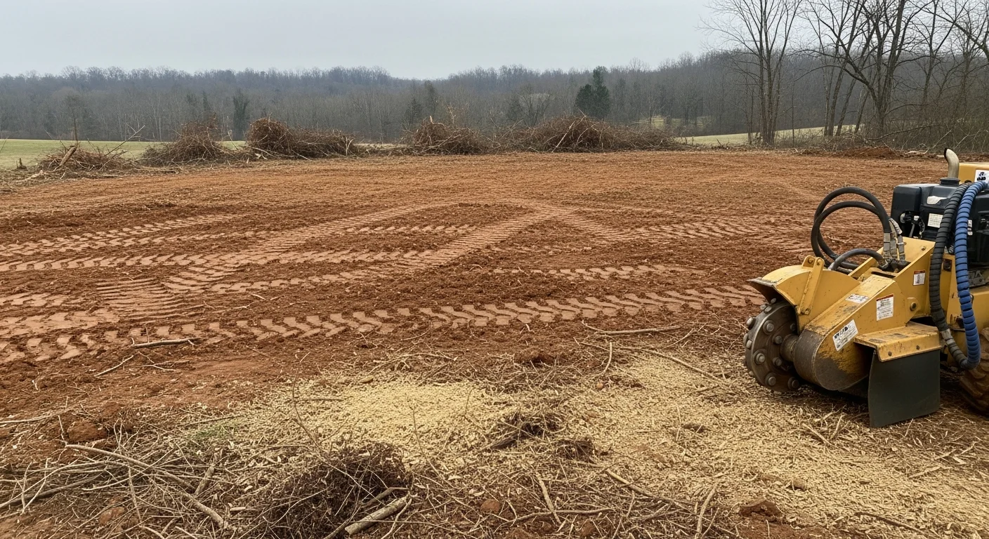 A freshly cleared and graded lot in Warren County, Kentucky with all trees, stumps, and brush removed, showing level bare ground ready for construction. Shipley Tree Service site preparation work on a rural residential parcel outside Bowling Green.