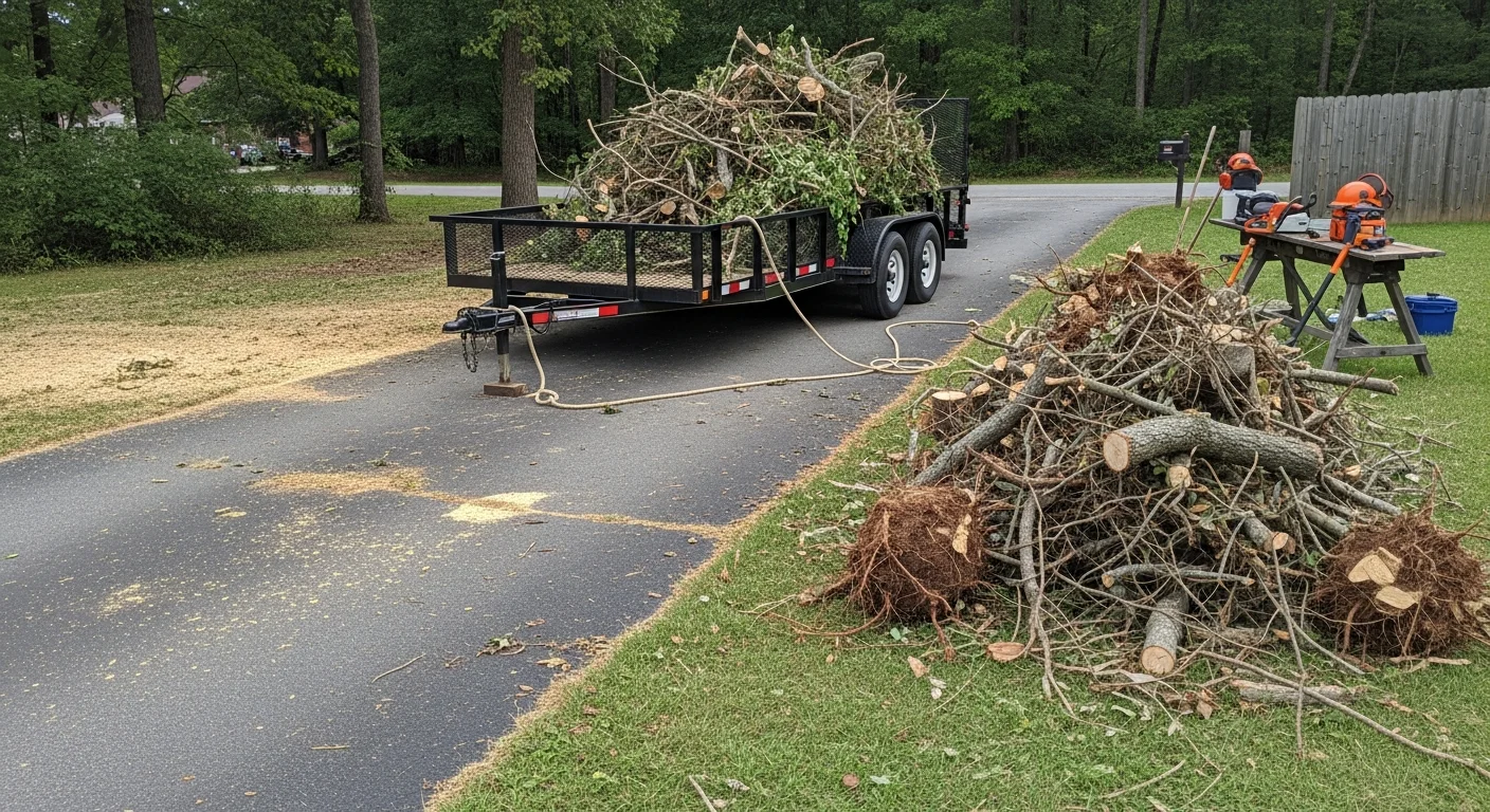 A Bowling Green, KY residential yard after storm debris removal, showing a cleared lawn with cut log sections stacked near the tree line and no remaining brush or scattered limbs. A mature tree stump and clean grass are visible in the foreground, with a residential home in the background.