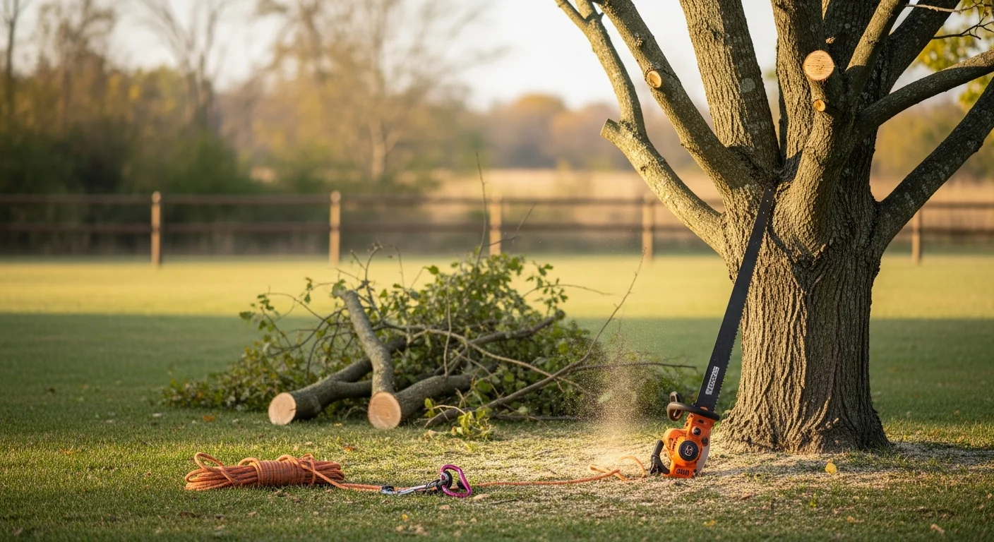 A Shipley Tree Service crew member trimming the upper canopy of a large mature oak tree in a residential backyard in Bowling Green, KY. Freshly cut branches are visible on the ground below, with a well-kept home and lawn in the background.