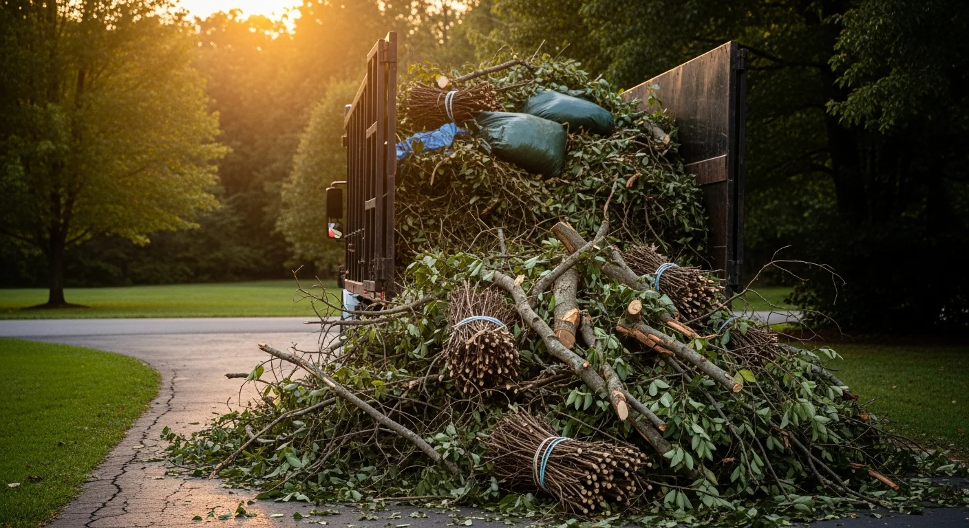 A cleared residential yard in Bowling Green, Kentucky with brush piles and fallen tree limbs loaded into a debris hauling truck. The lawn is open and free of storm debris after a yard waste removal service.